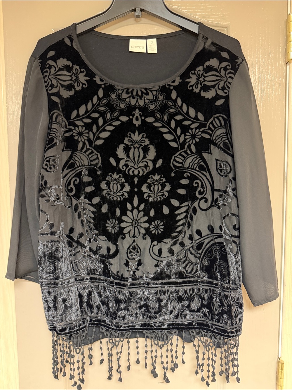 Chico's Black & Gray Velvet Burnout Tunic with Beaded Fringe